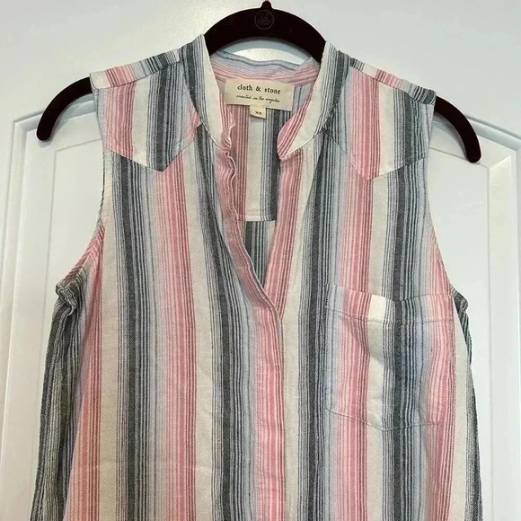 Cloth & Stone Pink Blue Striped Linen Blend Raw Hem Button Down Shift Dress XS - Picture 3 of 11